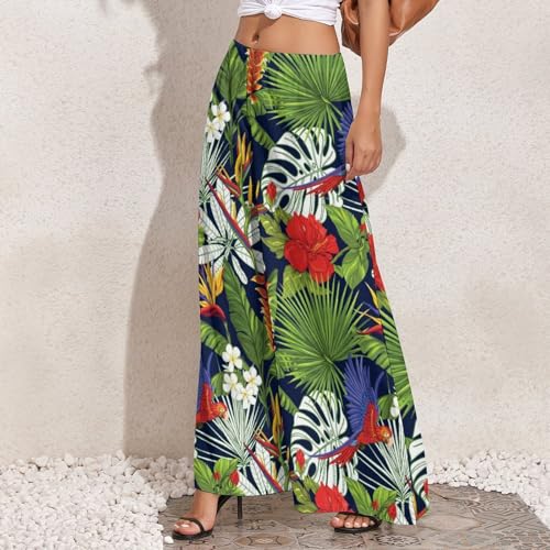 Palazzo Pants for Women - Tropical Plant Cute Colorful Parrot Womens Wide Leg Baggy Pants, Comfy Casual Lounge Pants2