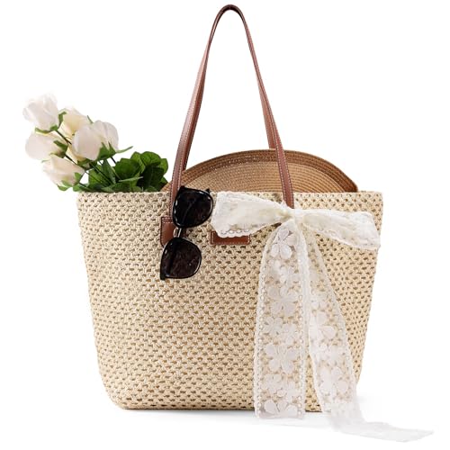 boshiho Summer Stroh Strandtasche Damen - 2026 Natürlich Geflochtene Handtasche Groß Straw Bag Urbane Boho Trendy Beach Strohtasche für Reisen Einkaufen Urlaub Pendeln (Light Beige)