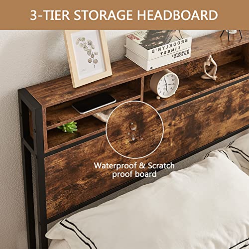 Queen Bed Frame With Bookcase Headboard And 4 Storage Drawers,Metal Platform Bed Frame Queen Size,Mattress Foundation With Metal Slats Support,No Box Spring Needed,Industrial Style(Vintage Brown) #TOP3