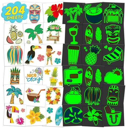 204 Hojas de Tatuajes Temporales Brillantes Individuales para Niños, Decoraciones de Fiesta Tropical Hawaiana para Niñas y Niños, Tatuajes Impermeables y Pegatinas Fake para Niños