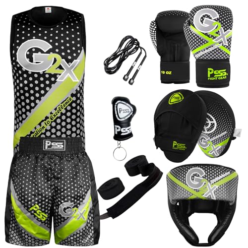 PSS Kids Boxing Set-Boxing Gloves, Uniform, Focus Pad, and Head Guard - Safe, Durable, Lightweight Equipment for Boys/Girls Youth Training, Fitness (Black/Grey, 11-12 Year/ 8 oz)