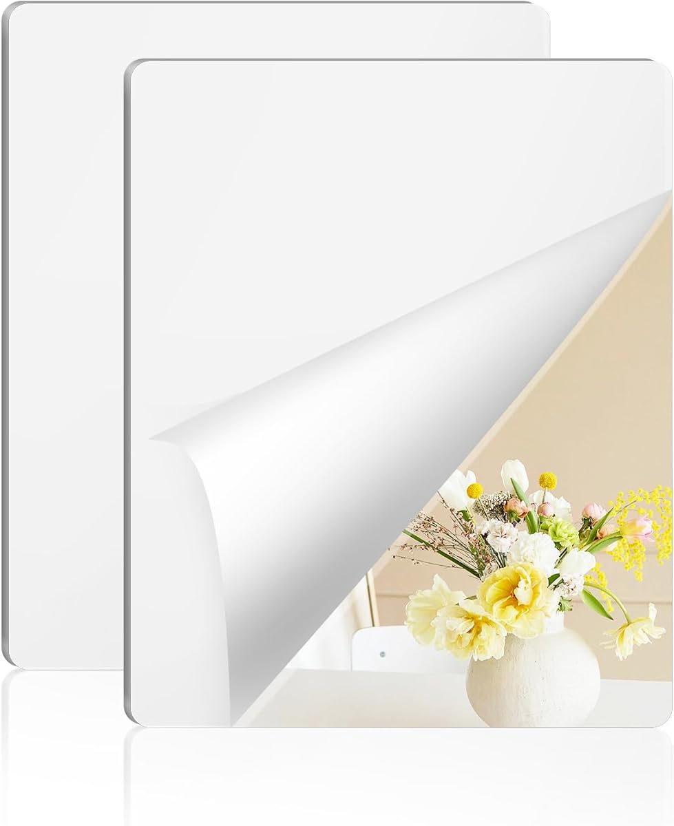 2 Pack Self Adhesive Acrylic Mirror, 2MM Flexible Plastic Mirror, Shatterproof PS Frameless Wall Mirror for Bathroom Vanity and Entryway (16 x 12 inch)