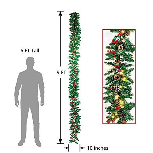 Hanizi 9 Ft Christmas Garland, Battery Operated 8 Lighting Modes, Lighted Christmas Garland With 50 Leds, Pine Cones, Red Berries #TOP4
