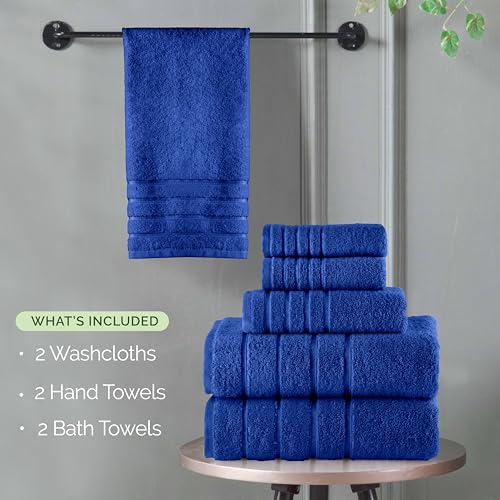 Image of Elegant Comfort 4 Lines Viscose Stripe 6-Piece Premium Towel Set - 100% Turkish Cotton High Absorbent Luxury Bathroom Towels - Includes 2 Washcloths, 2 Hand Towels and 2 Bath Towels Set, Royal Blue