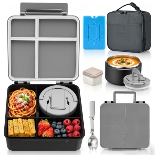 MAXSO Bento Lunch Box Set with 8 oz Soup Thermo, Kids Leakproof 4 Compartments Hot Food Container with Sauce Cup, Ice Pack and Lunch Bag, Child Insulated Food Jar for School - Black