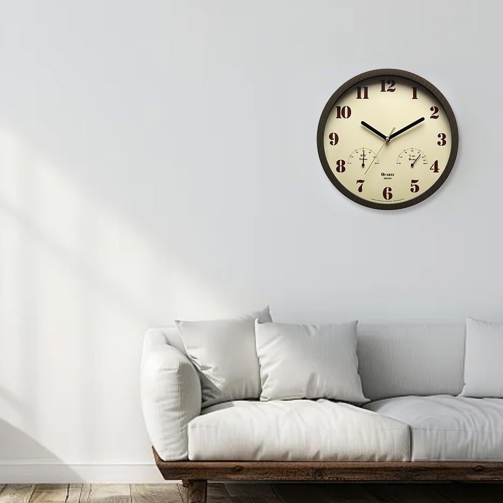 Orologio da esterno resistente alle intemperie con termometro e igrometro integrato, silenzioso, orologio da parete per patio, piscina, giardino, design impermeabile, telaio marrone scuro