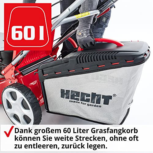 Foto von HECHT 5IN1 Dreirad Benzin Rasenmäher – kraftvoller 4 Takt Motor – 56, 51 und 46 cm Schnittbreite, 60l oder 70l Grasfangkorb – Radantrieb – Elektrostart – Mulchfunktion – Seitenauswurf – inkl. Öl