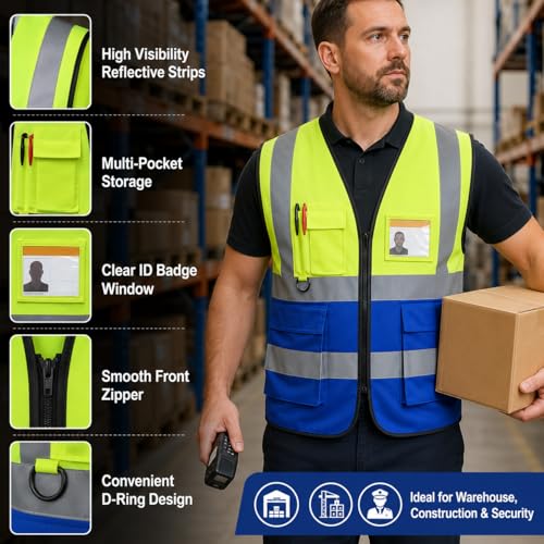 NUOM Lot de 2 Gilets de Sécurité Haute Visibilité, Gilets Réfléchissants Unisexes Jaune Vert avec 5 Poches, Fermeture Éclair et Bandes Réfléchissantes 360° pour Travail, Vélo, Jogging et Extérieur – vue 6