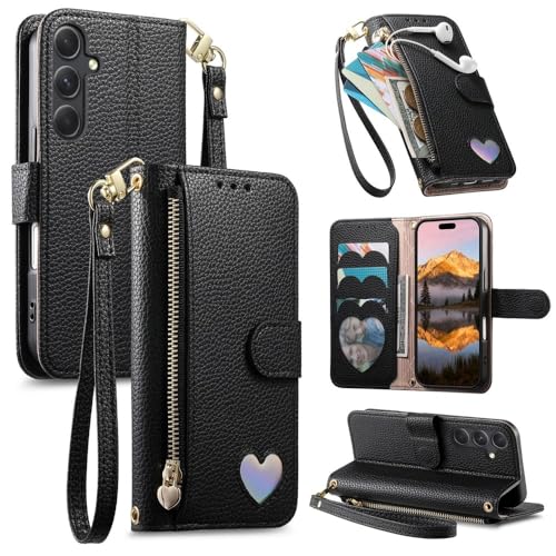 Étui compatible Samsung Galaxy A37 5G housse portefeuille cuir noir zippé