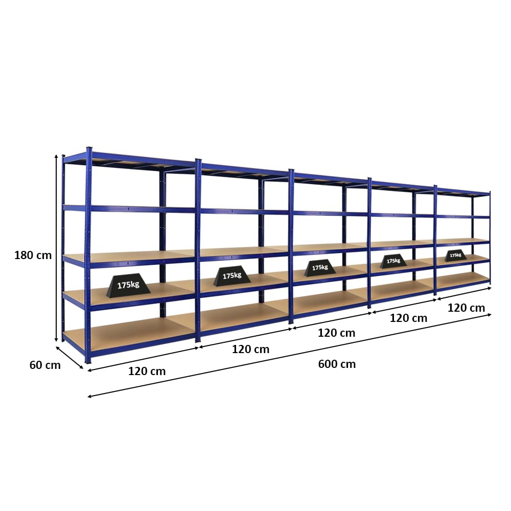 PROREGAL Mega Deal5x Étagère Robuste Taurus | HxLxP 180x120x60cm | Charge Totale 175kg | Bleu | de Cave, Enfichable et de Garage