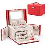 Vlando City Beauty Medium Jewelry Box, Faux Leather Jewelry Organizer Gift for Women -Red