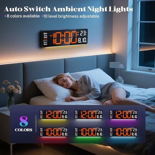 Image of Digital Wall Clocks,16 inch Large Display LED Digital Clock with Remote Control,LED Wall Clock with 8 RGB Color Night Light,Alarm,Date,Week,Temp,DST for Living Room & Office