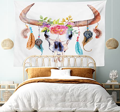 Ambesonne Feather Tapestry, Watercolor Style Bull Skull Ornaments Vibrant Image, Wide Wall Hanging For Bedroom Living Room Dorm, 80" X 60", White Brown #TOP4