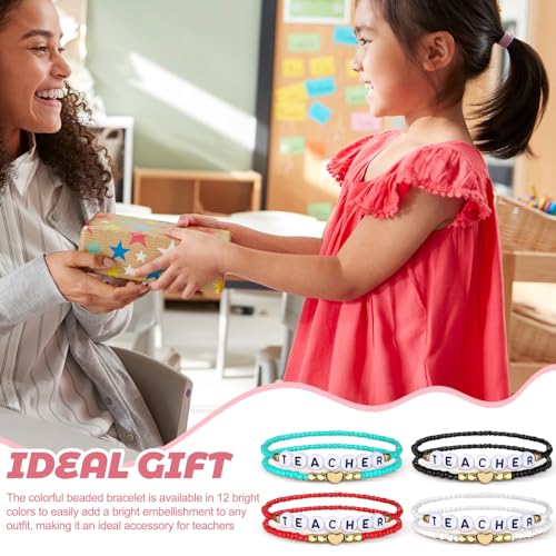 24 Pcs Back to School Teacher Beaded Bracelet Thank You Gifts for Teachers Appreciation Gifts for Women Heishi Stretchy Bracelet Present from Student 6