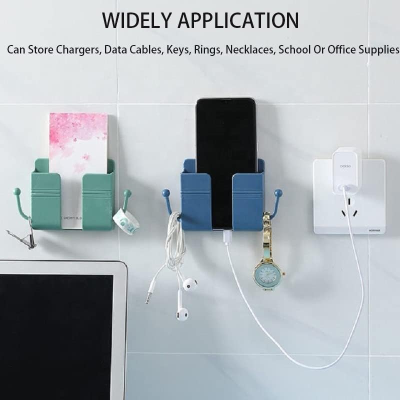 6 Pcs Multifunction Wall Mounted Phone Holder Self-Adhesive Wall Beside Organizer ABS Storage Rack Storage Box with Hooks for Bed, Remote Charging Phone Holder for Walls Bedroom Kitchen