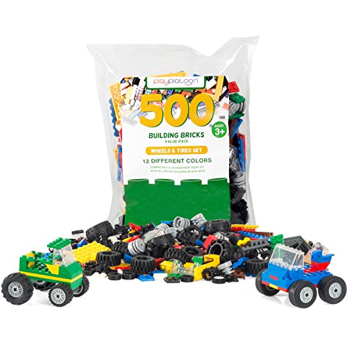 Play Platoon 500 Piece Building Bricks Kit - Car Building Set with Wheels, Axles & Windshields