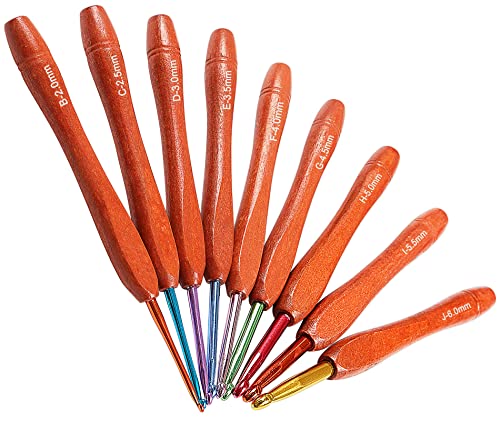Coopay Wooden Crochet Hooks Ergonomic Crochet Kit for Beginners, 9PCS Bamboo Crochet Hook Set Multicolor Aluminum Crochet Needles for Crocheting Yarn 2-6mm(B-J), Lightweight Knitting Crochet Supplies