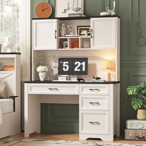 Image of Vabches Farmhouse Executive Desk with 4 Drawers and Storage Cabinet, Rustic Large Home Writing Desk with Hutch, Workstation for Bedroom, Black.