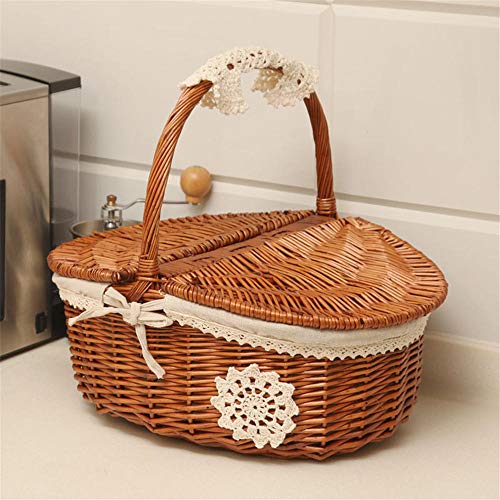BEI&YANG Willow Storage Basket Hand-Woven Picnic Basket Shopping Basket Rattan Outdoor Portable Picnic Basket Fruit Basket With Handle-Brown Linen, Small