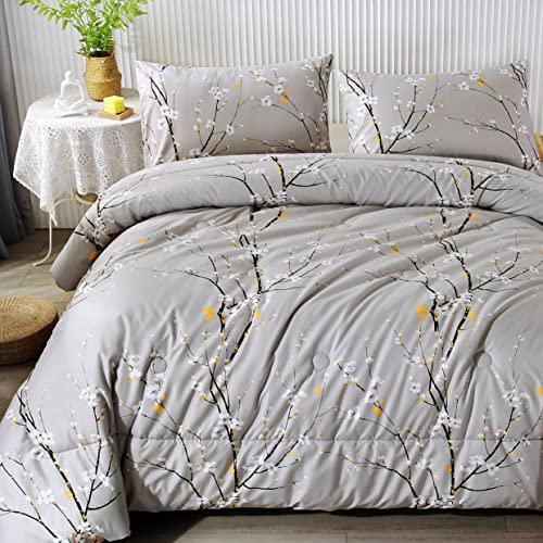 Rynghipy Grey Tree Branch Flower Print Bedding Set King Size, Botanical Tree Branches Bloom Floral Microfiber Reversible Comforter Set Lightweight Fluffy #TOP19