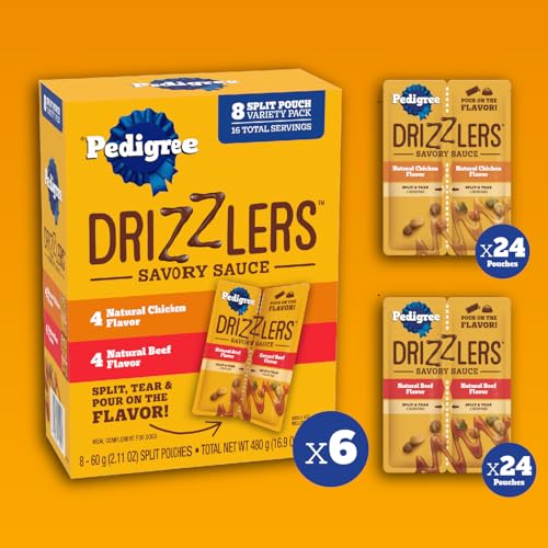 Image of Pedigree Drizzlers Savory Sauce Wet Dog Pouch, Multipack, 8 Count, 6-Pack | Chicken & Beef flavors, 4 calories per serving, 8 ingredients, dual-serving split pouch, maintains kibble crunch