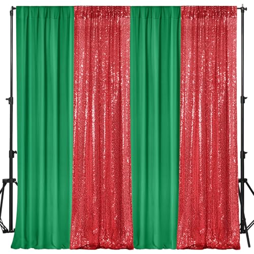 VitalCozy 4 Pcs Photo Backdrop Curtains 2 Sequin 2 Chiffon,Green, Red