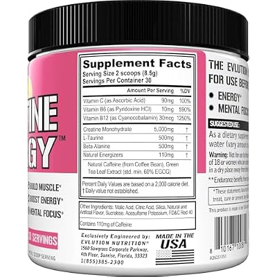Evlution Nutrition Creatine Energy - Supports Muscle Growth, Boosts Energy, Endurance & Cognition - 5g Pure Creatine Monohydrate Per Serving - B + C Vitamin Complex - 30 Servings - Pink Lemonade