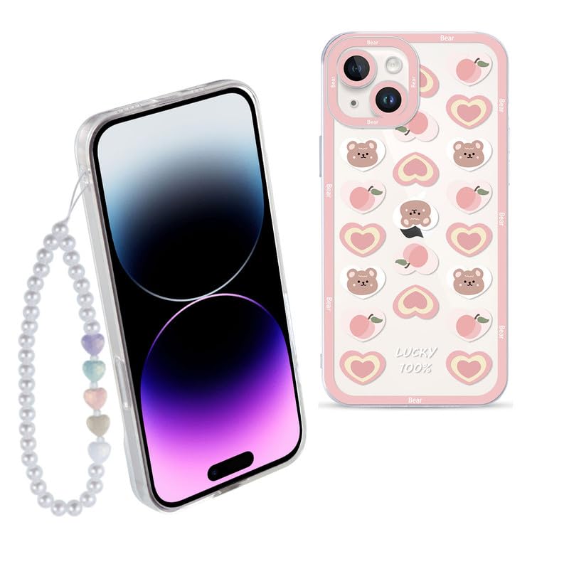 ZhuoFan Chaine Case for iPhone 14 6.1 Inch with Bracelet, Aesthetic Pearl Wrist Strap Shockproof Woman Case with Con Cord, Transparent Silicone Protective Case for iPhone 14, Pink
