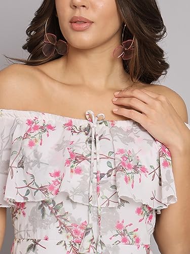 Image of HELLO DESIGN Women Off-Shoulder Floral Printed Georgette A-line Maxi Dress