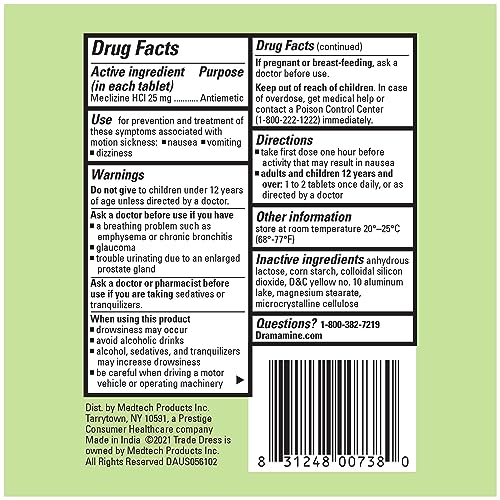 Image of Dramamine Nausea Relief Tablets, Long-Lasting Anti-Nausea Support with 25mg Meclizine HCI, 10 Count, Pack of 2