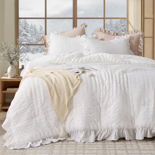 JOLLYVOGUE Queen Comforter Set, 3 Pieces, White Seersucker