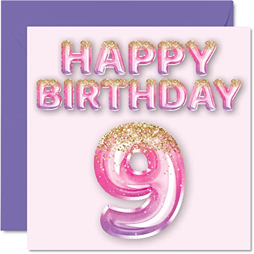 Biglietto di auguri per il 9° compleanno per ragazze – Palloncini glitterati rosa e viola – Biglietto di auguri per 9 anni ragazza figlia sorella nipote cugina 145mm regalo per nove nono compleanno