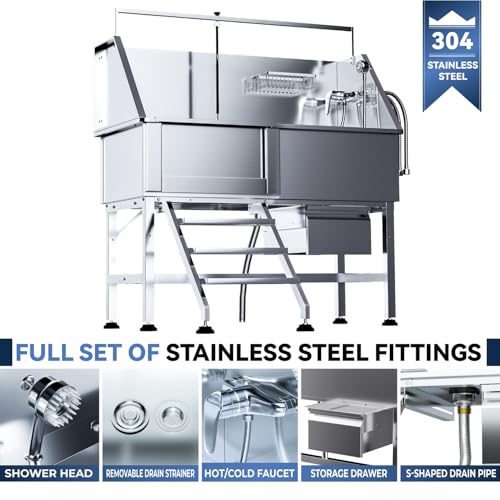 Image of 46 inch Dog Washing Station, Professional Stainless Steel Dog Bathtub w /Ramp & Storage Drawer, Adjustable Grate, Non-Slip Design, Perfect for Home Grooming & Large Dogs (46 inch Left Stair)