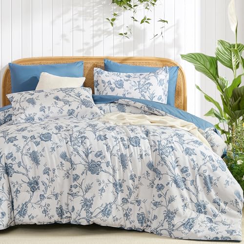 Luxudecor Dusty Blue Floral Comforter Set, 7 Pieces Queen Bed in a Bag