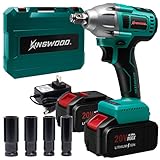 KINSWOOD 20V Cordless Impact Wrench 1/2 inch, Powerful Brushless Motor, Max 320 Torque ft-lbs, 3.0A Li-ion Battery, 4Pcs Driver Impact Sockets, Fast Charger (2 Battery)