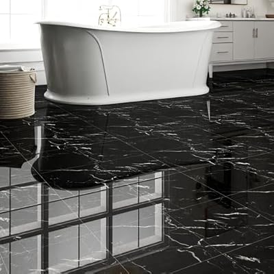 20-Pack Peel and Stick Floor Tiles Vinyl Floor 12 x 12 inch Self Adhesive Waterproof Flooring Planks DIY for Bathroom, Kitchen, Living Room, RV, Cover 20 Sq. Ft, Polish Black Marble