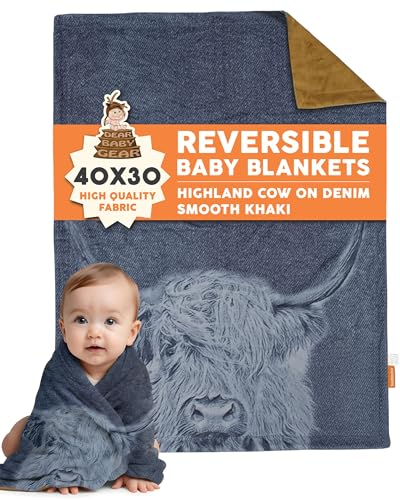 Image of Dear Baby Gear - Reversible Baby Blankets - Soft Nursery Blanket for Newborn - Toddler Blankey - Throw Blanket for Boys & Girls - Infant Blankets - 40x30 (Highland Cow on Denim - Smooth Khaki)