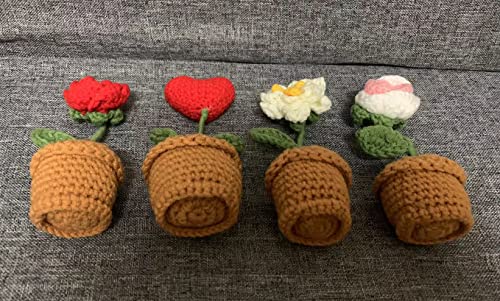Quarter Rainbow Mini Potted Artificial Plants Crochet Handmade Kintting Flowers For Office Desk Decor And Shelf Decor- For Gift, Birthday, Ideas For Valentine's Day (Roses And Love) #TOP6