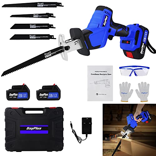 21V Battery Powered Cordless Reciprocating Saw Brushless Electric Saw Protable Pruning Reciprocating Saw with1.5Ah Battery,4 Saw Blades,1 Kit Box,0-1900RPM Variable Speed for Metal Wood PVC Pipe