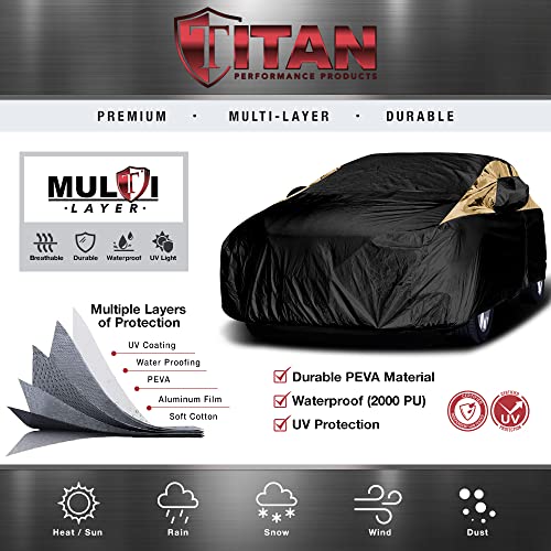 Image of Titan Premium Multi-Layer PEVA Car Cover for Compact Sedans 176-185 inch. Waterproof, UV Protection, Anti-Scratch Protective Lining, Driver-Side Zippered Opening. Fits Corolla, Sentra, Cruz and More.