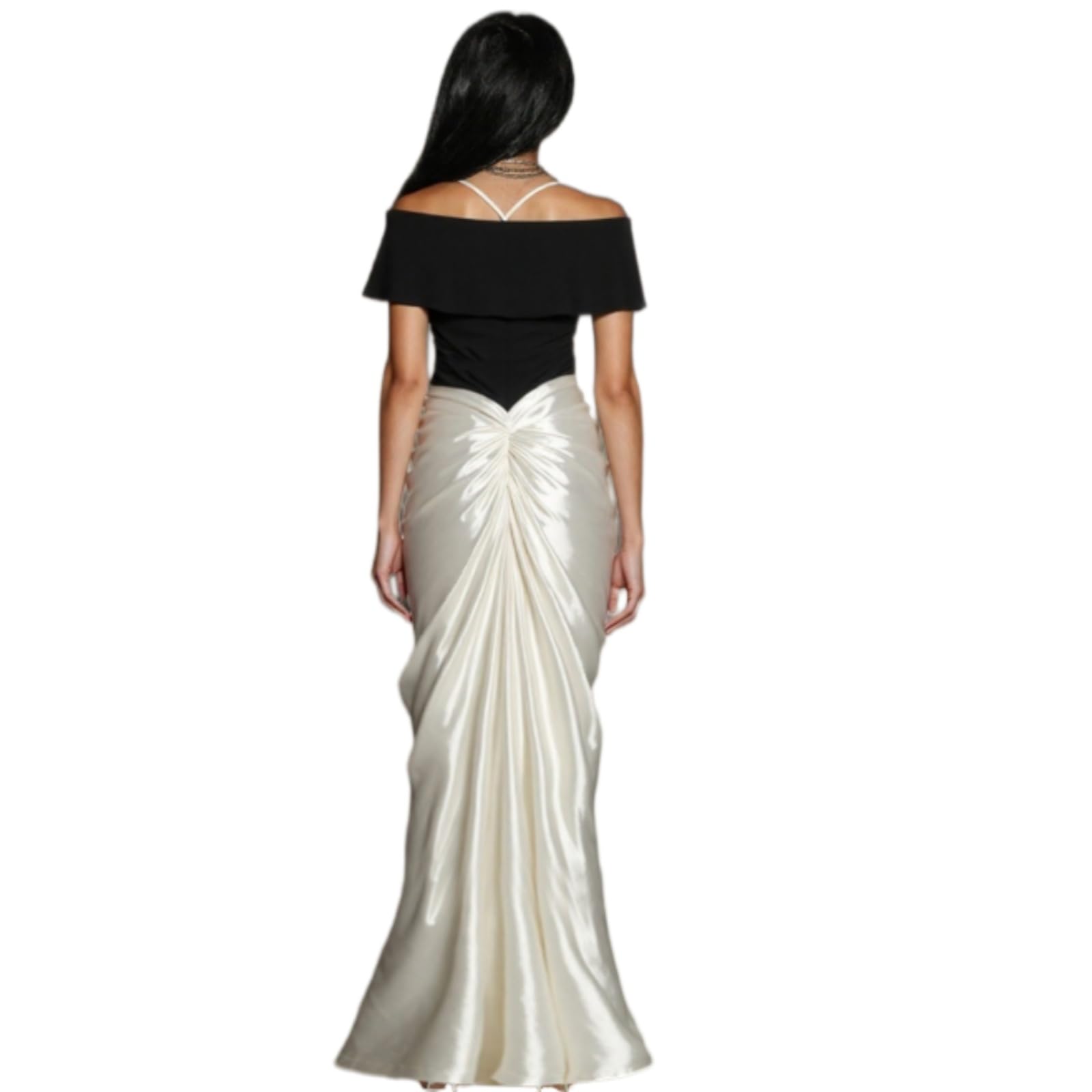 Vestito Donna Elegante Fuori Spalla Maxi Abito Contrasto Patchwork Ruched da Sera Senza Schienale per Party Wear-White-l