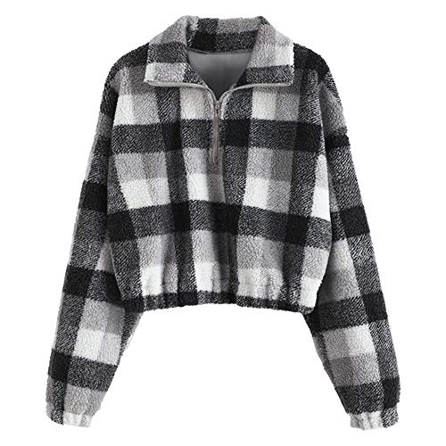 ZAFUL Women s Pullover Fashion Long Sleeve Lapel Half Zip Plain Faux Fur Sweatshirt Crop Pullover Tops(M,Black Plaid)