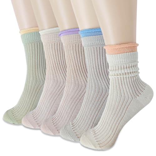 zrylibya Women Cute Roll Top Turn Cuff Slouch Crew Socks Breathable Thin Frilly Socks 5 Pairs