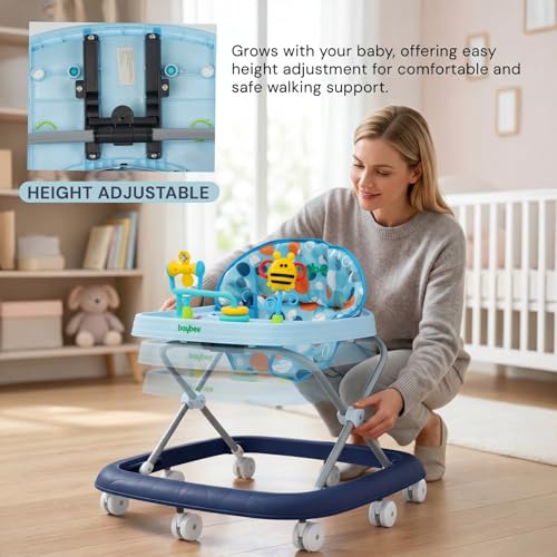 Image of Baybee Stepzilla Baby Walker for Kids | Foldable Activity Walker with 3-Level Height Adjustment, Soft Cushion Seat, Smooth Wheels & Toy Bar | Baby Walker for 6-18 Months Boys & Girls (Blue)