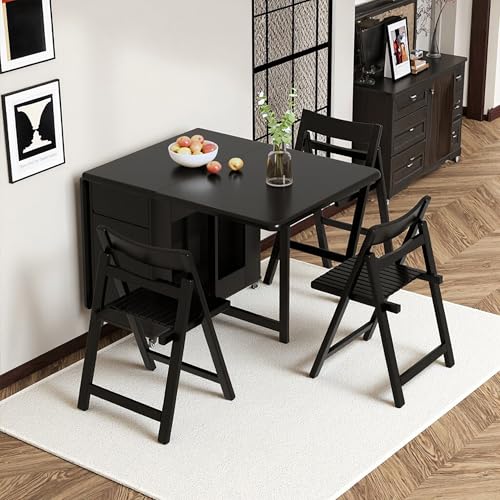 Mesa de comedor plegable negra con ruedas que ahorra espacio, diseño de hojas colgantes de madera maciza, superficie multiusos para trabajo y comedor, almacenamiento integrado, ideal para apartamentos
