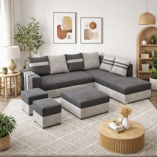 Image of Stova Luxe Velvet-Suede Fabric 8 Seater RHS Sofa Set | with 2 Ottomans& Centre Table| Comfortable & Spacious Seating | Modern Sofa Set for Living Room - Light Grey & Dark Grey