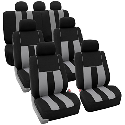 FH Group Car Seat Covers Three Row Set Striking Striped Combo Steering Wheel Cover & Seatbelt Pads Gray, Airbag and Split Rear Car Seat Cover Universal Fit Interior Accessories Cars Trucks and SUV