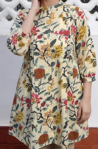 Image of Janasya Women's Pure Cotton Floral Printed A-Line Tunic
