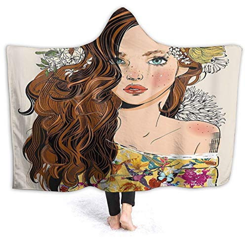 Tragbare Hoodie Decke，Schönes Mädchen Porträt des braunen Langen Haar Mädchens mit Blumen，Umhang Druck Grafik warm für den Winter 50x40