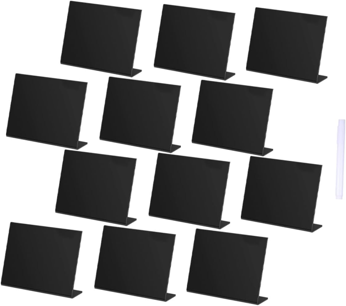 KALLORY Acrylic Mini Chalkboard Sign with Black Desktop Message Board for Wedding Party Tabletop Home Decoration, 12pcs with 1 Chalk Pen